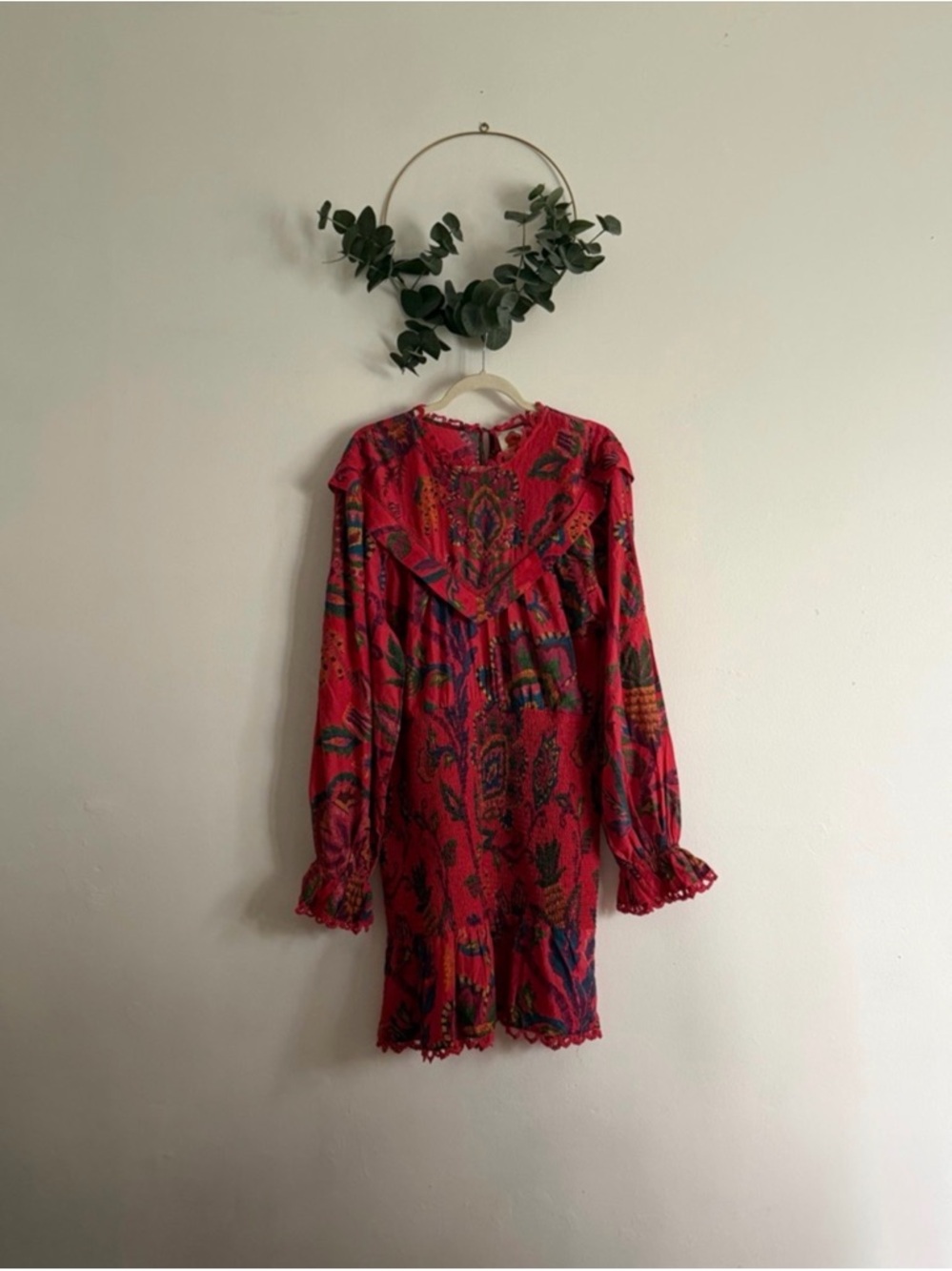 FARM Rio Red Sunset Tapestry Brush Paisley Ruffle Mini Dress